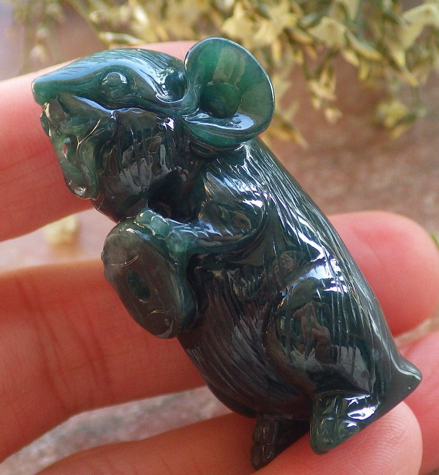 Certified Icy Green Burma 100% Natural A Jade jadeite Display Mouse Rat Money Coin 发财鼠 644240  TN