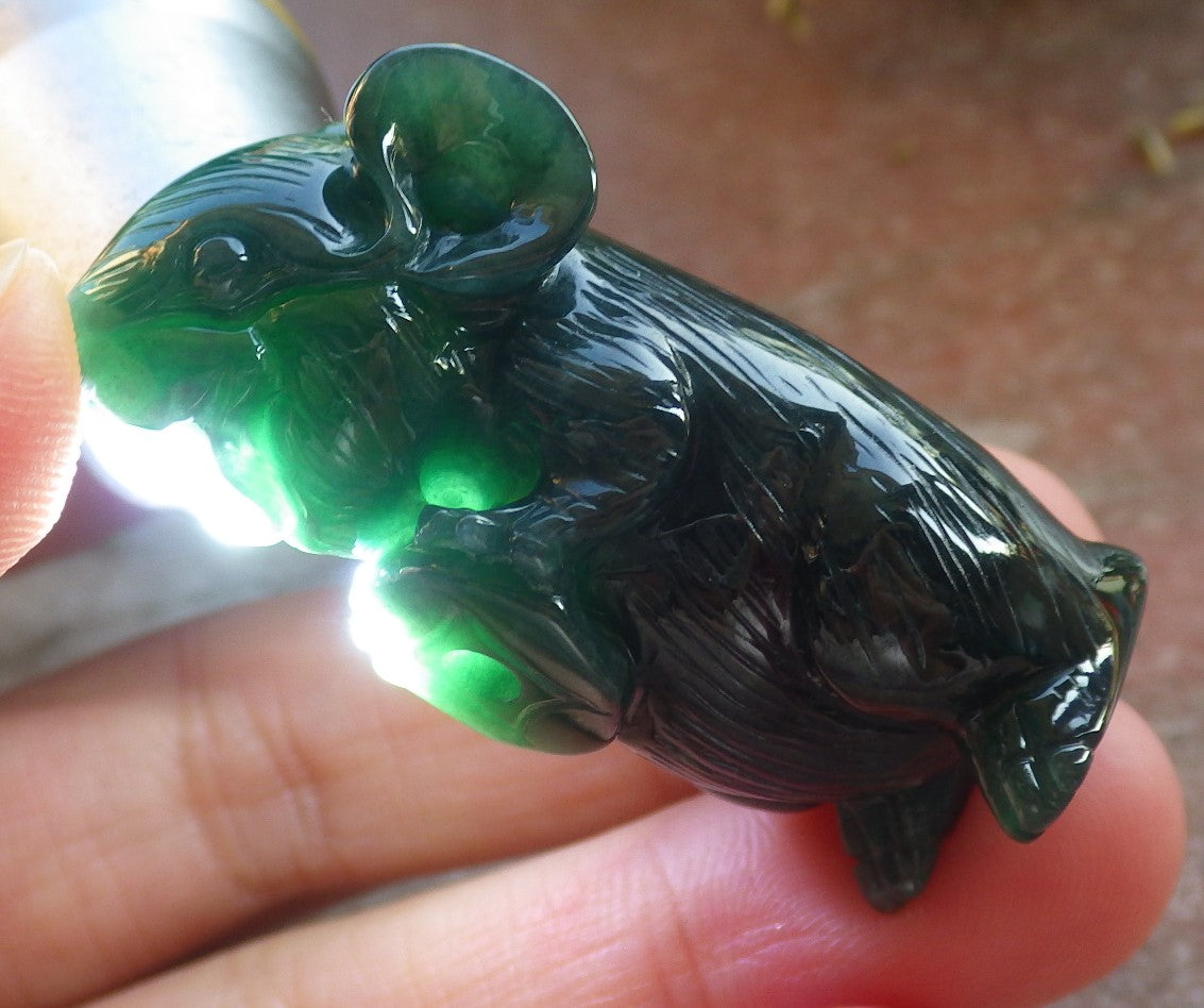 Certified Icy Green Burma 100% Natural A Jade jadeite Display Mouse Rat Money Coin 发财鼠 644240  TN