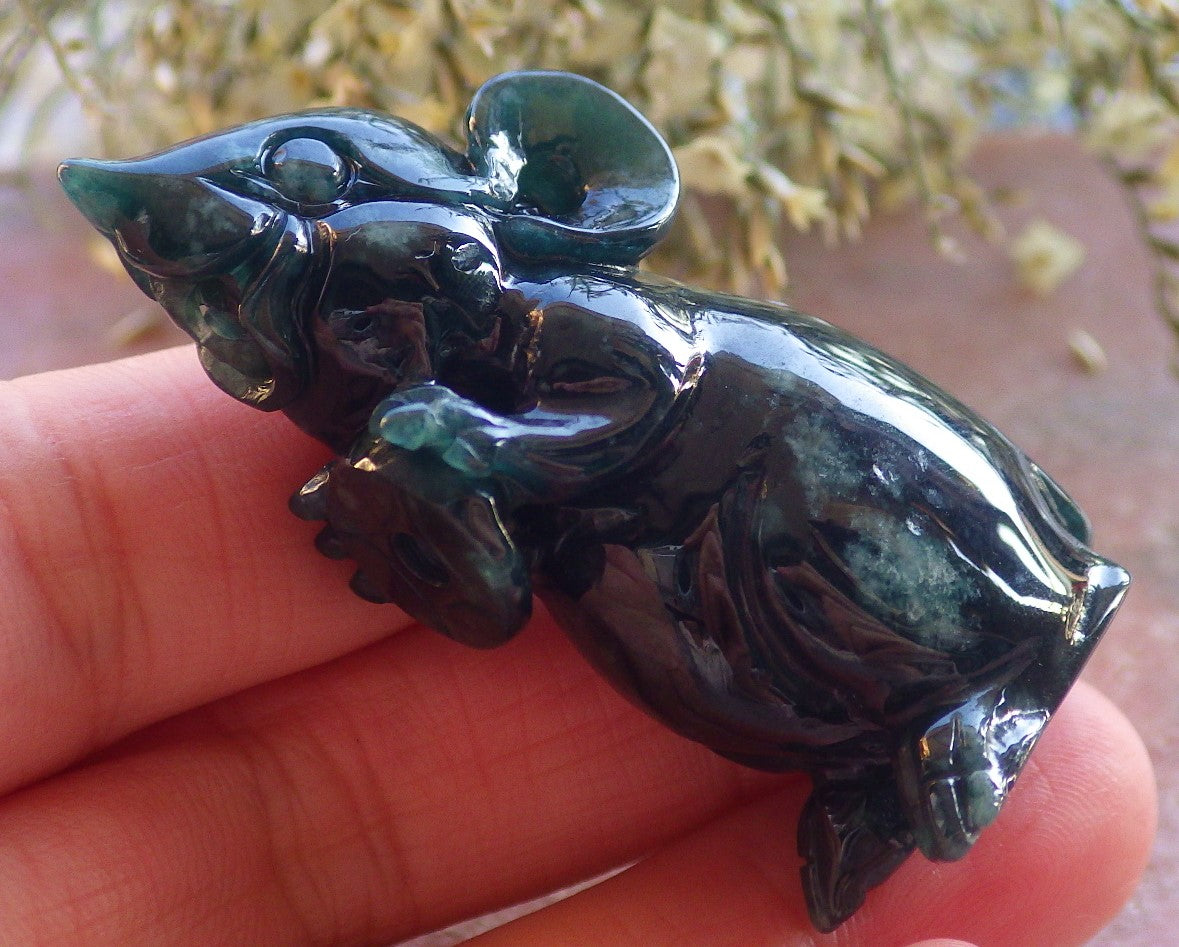 Certified Icy Green Burma 100% Natural A Jade jadeite Display Mouse Rat Money Coin 发财鼠 644259  TN