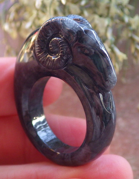 Certified Black Burma 100% Natural A JADE Jadeite Sheep RING USA. 9 戒指 644279  TN