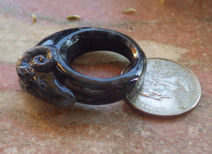 Certified Black Burma 100% Natural A JADE Jadeite Sheep RING USA. 9 戒指 644279  TN