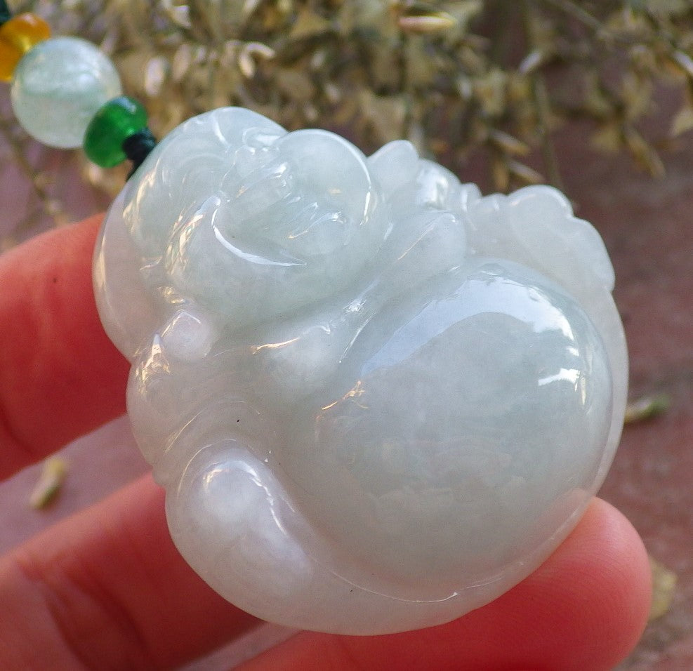 Certified Green Burma 100% Natural A Jade jadeite pendant Happy Buddha God Necklace 开心佛 644288  TN