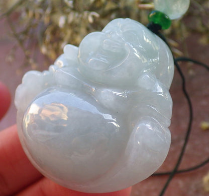 Certified Green Burma 100% Natural A Jade jadeite pendant Happy Buddha God Necklace 开心佛 644288  TN