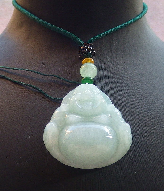 Certified Green Burma 100% Natural A Jade jadeite pendant Happy Buddha God Necklace 开心佛 644288  TN