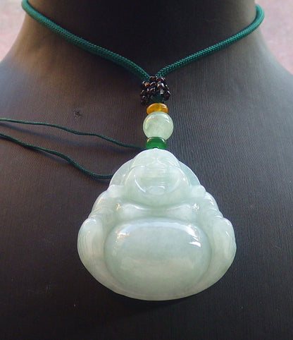 Certified Green Burma 100% Natural A Jade jadeite pendant Happy Buddha God Necklace 开心佛 644288  TN