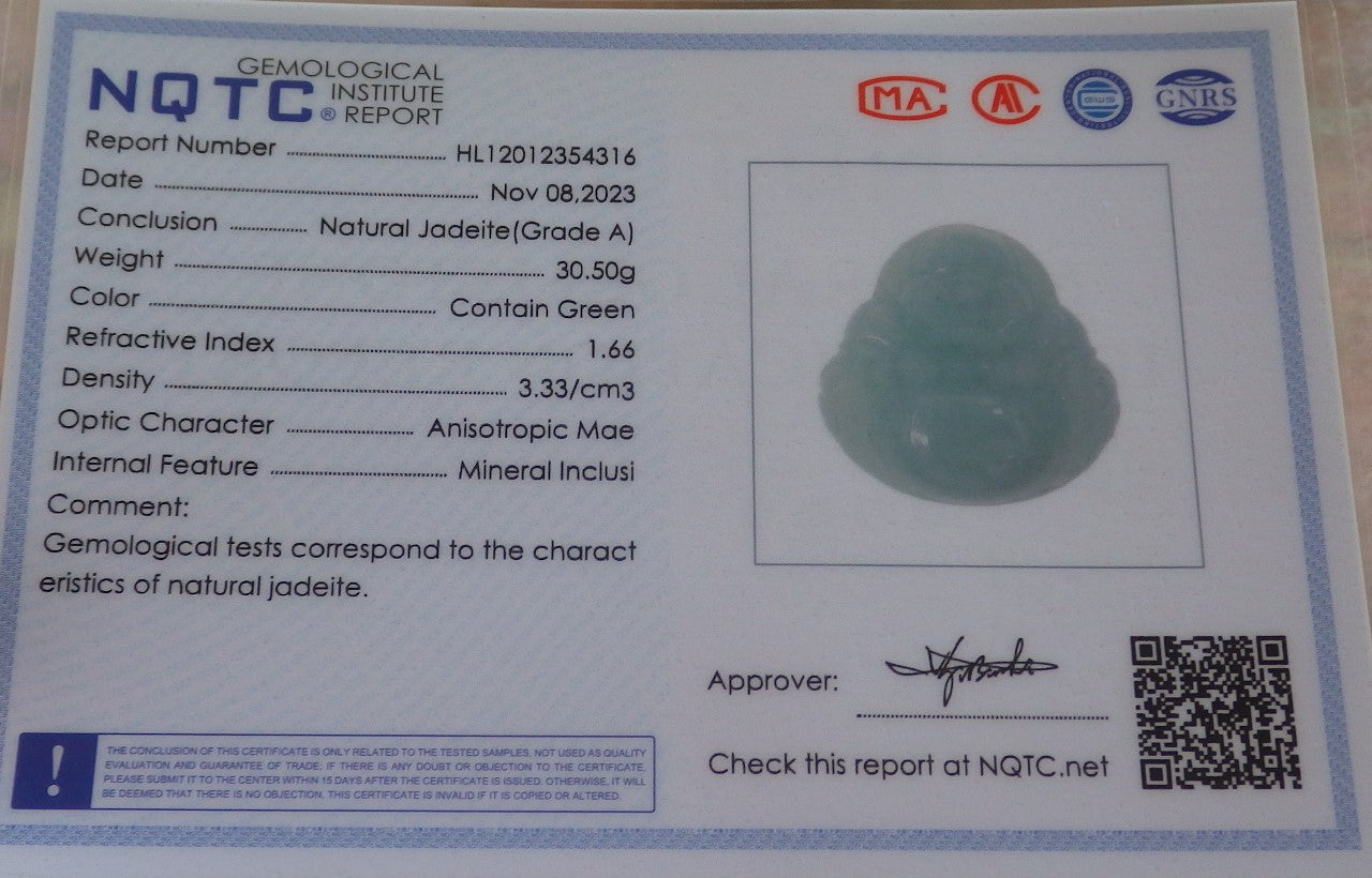 Certified Green Burma 100% Natural A Jade jadeite pendant Happy Buddha God Necklace 开心佛 644288  TN