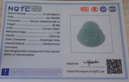 Certified Green Burma 100% Natural A Jade jadeite pendant Happy Buddha God Necklace 开心佛 644288  TN