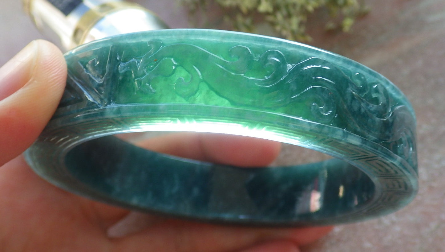 Certified Icy Green Burma 100% Natural A JADE Jadeite Dragon Phoenix Longevity Bangle Bracelet 63 mm 手镯 644331  TN