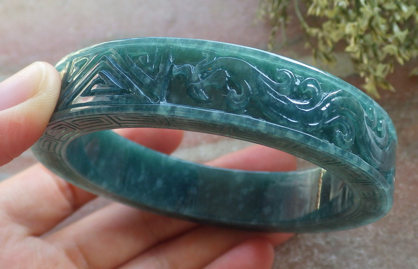 Certified Icy Green Burma 100% Natural A JADE Jadeite Dragon Phoenix Longevity Bangle Bracelet 63 mm 手镯 644331  TN