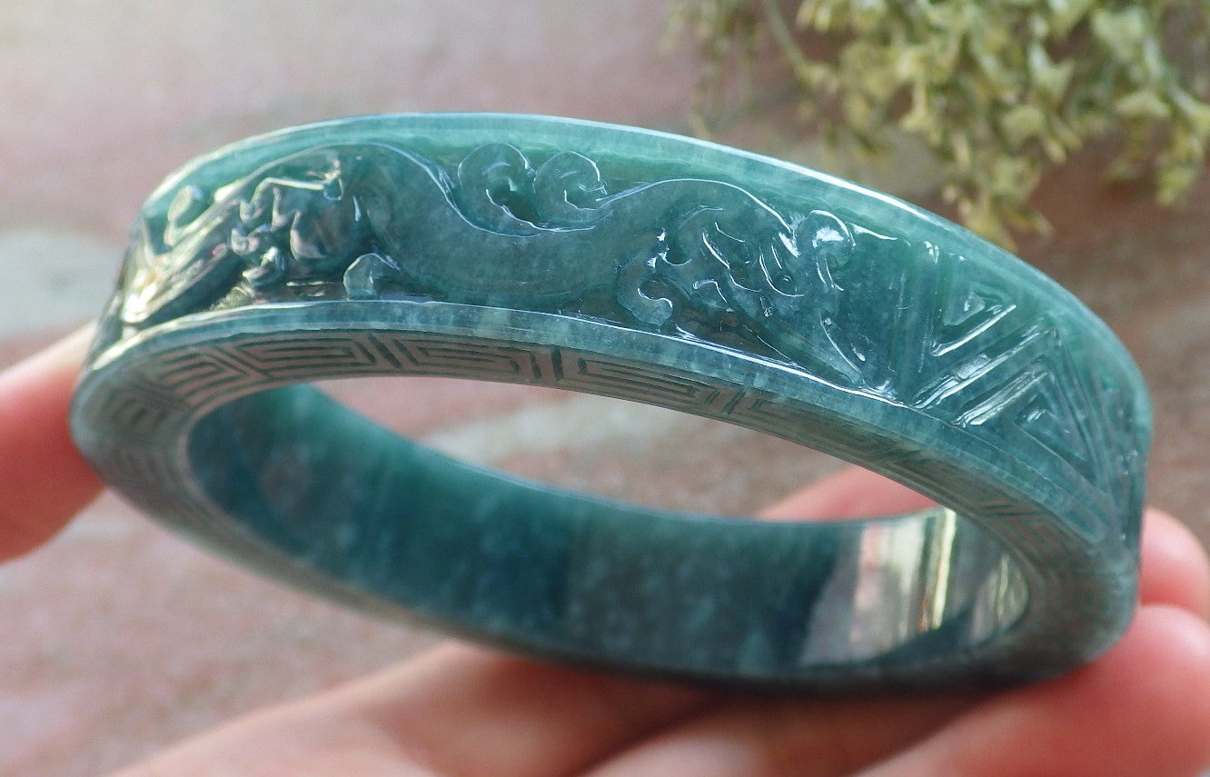 Certified Icy Green Burma 100% Natural A JADE Jadeite Dragon Phoenix Longevity Bangle Bracelet 63 mm 手镯 644331  TN