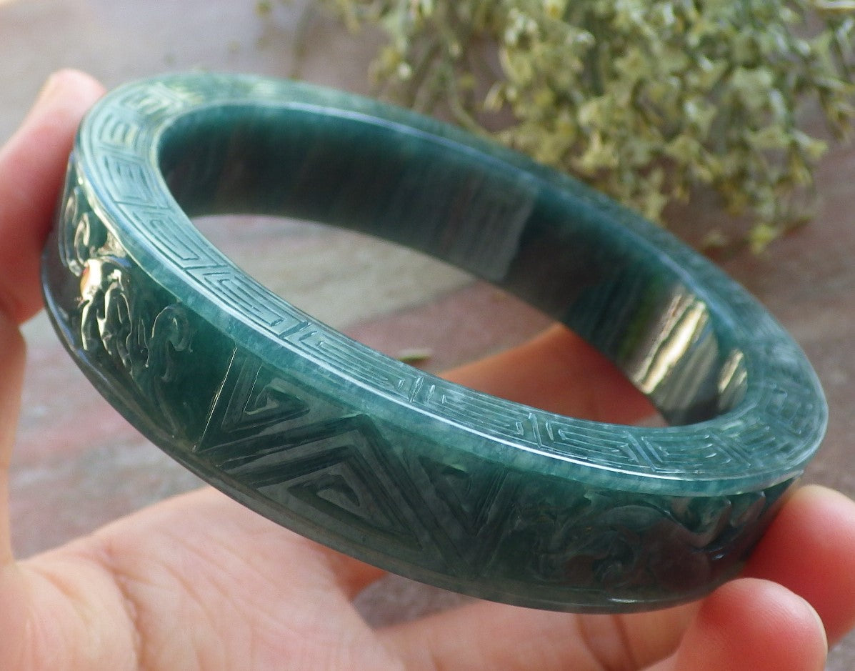Certified Icy Green Burma 100% Natural A JADE Jadeite Dragon Phoenix Longevity Bangle Bracelet 63 mm 手镯 644331  TN