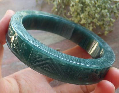 Certified Icy Green Burma 100% Natural A JADE Jadeite Dragon Phoenix Longevity Bangle Bracelet 63 mm 手镯 644331  TN