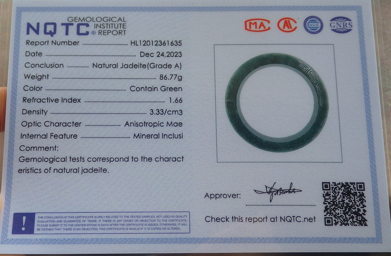 Certified Icy Green Burma 100% Natural A JADE Jadeite Dragon Phoenix Longevity Bangle Bracelet 63 mm 手镯 644331  TN