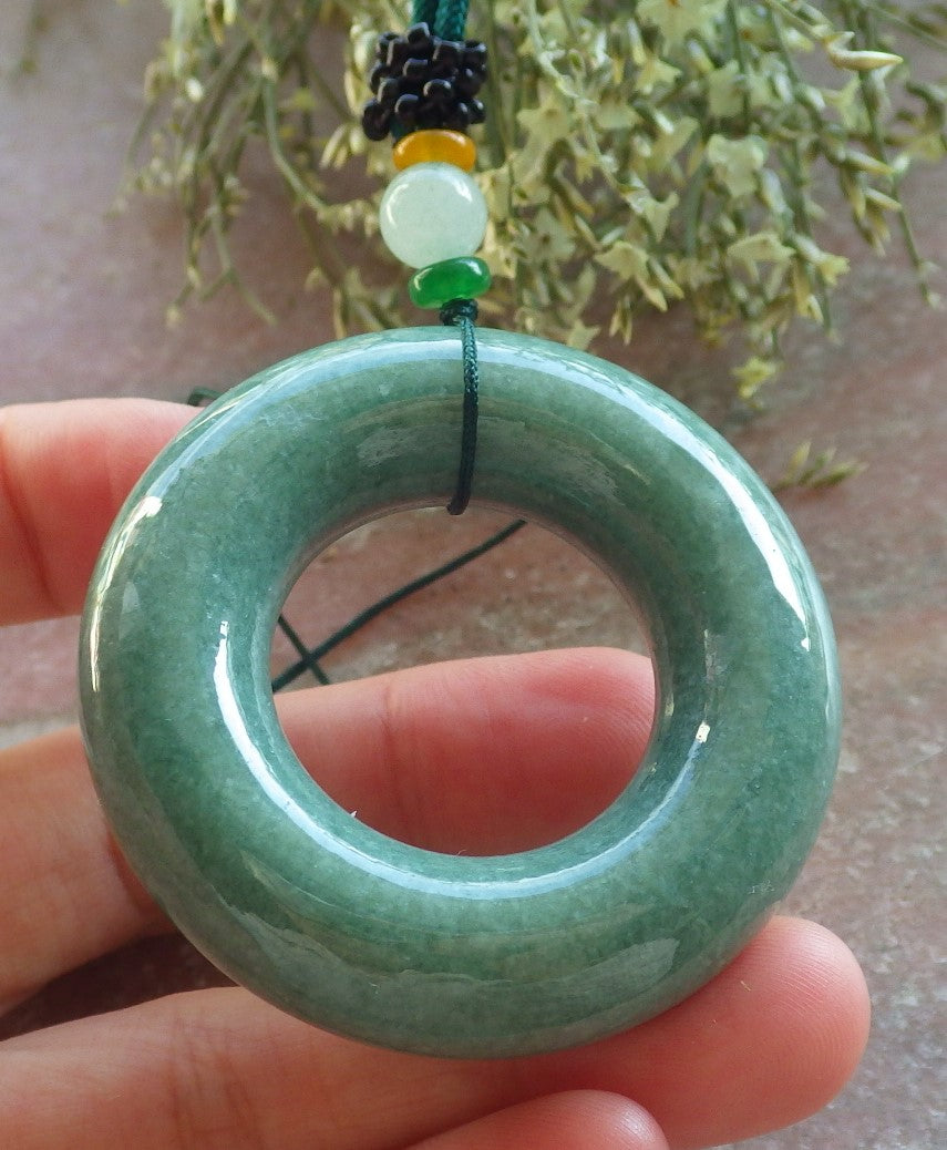Certified Green Burma 100% Natural A Jade jadeite Pendant Circle Donut Necklace 平安扣 644353  TN