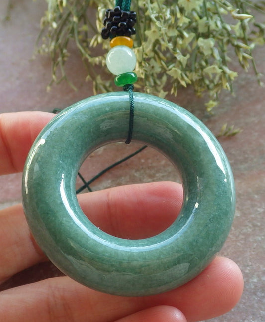 Certified Green Burma 100% Natural A Jade jadeite Pendant Circle Donut Necklace 平安扣 644353  TN