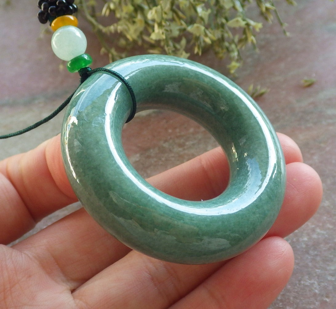 Certified Green Burma 100% Natural A Jade jadeite Pendant Circle Donut Necklace 平安扣 644353  TN