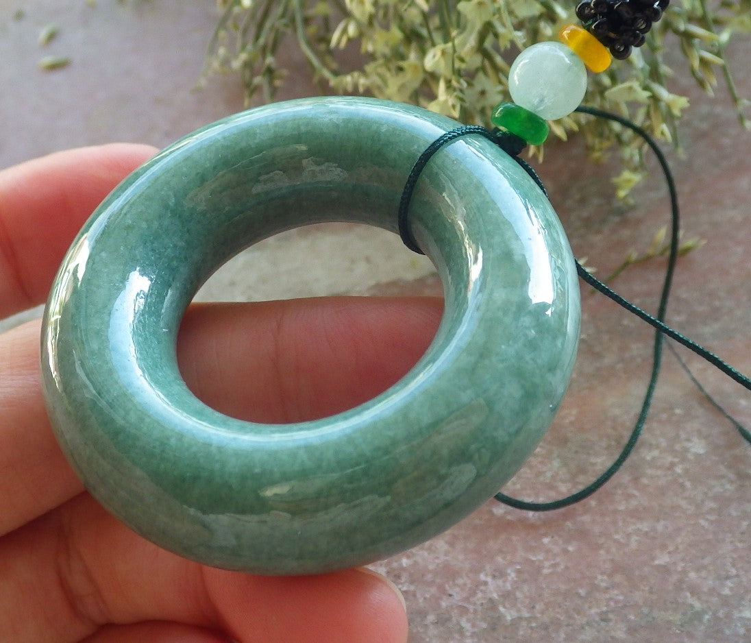 Certified Green Burma 100% Natural A Jade jadeite Pendant Circle Donut Necklace 平安扣 644353  TN