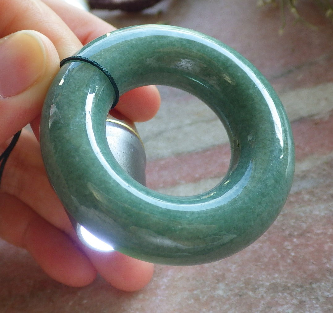 Certified Green Burma 100% Natural A Jade jadeite Pendant Circle Donut Necklace 平安扣 644353  TN