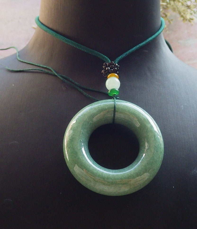Certified Green Burma 100% Natural A Jade jadeite Pendant Circle Donut Necklace 平安扣 644353  TN