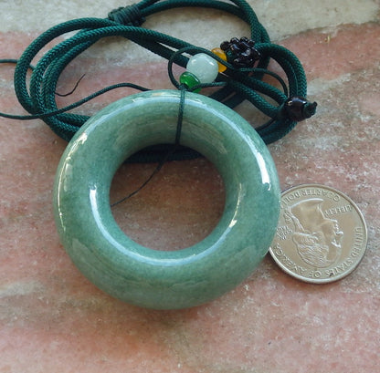 Certified Green Burma 100% Natural A Jade jadeite Pendant Circle Donut Necklace 平安扣 644353  TN