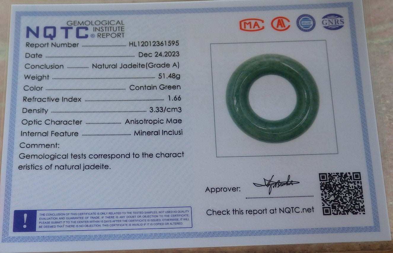 Certified Green Burma 100% Natural A Jade jadeite Pendant Circle Donut Necklace 平安扣 644353  TN