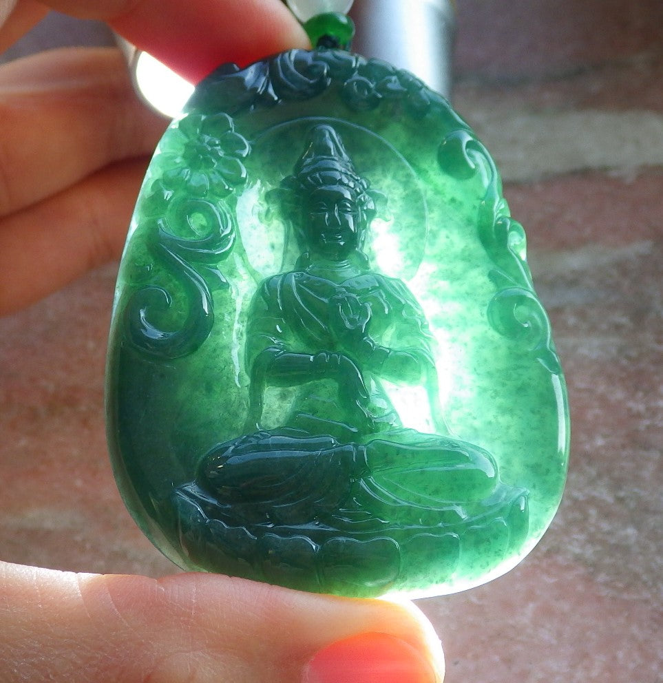 Certified Icy Green Burma 100% Natural A Jade jadeite Pendant Guanyin Kwan Yin Lotus Flower Sword Dragon Necklace 观音 644403  TN