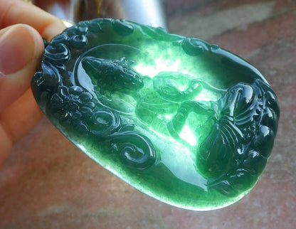 Certified Icy Green Burma 100% Natural A Jade jadeite Pendant Guanyin Kwan Yin Lotus Flower Sword Dragon Necklace 观音 644403  TN