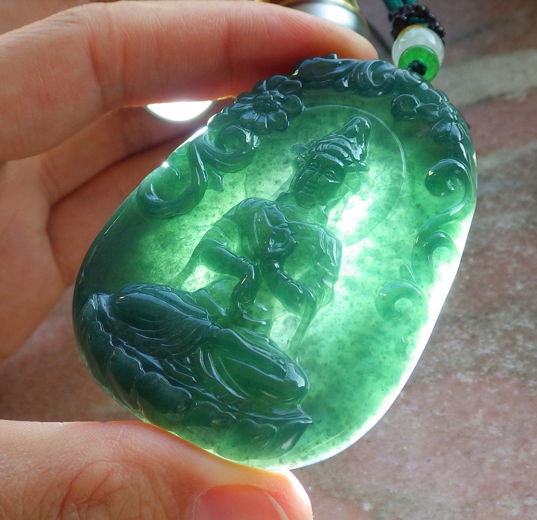 Certified Icy Green Burma 100% Natural A Jade jadeite Pendant Guanyin Kwan Yin Lotus Flower Sword Dragon Necklace 观音 644403  TN