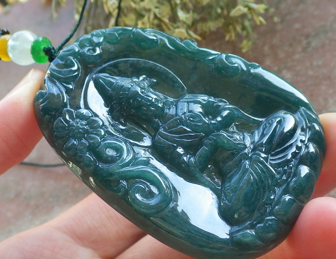 Certified Icy Green Burma 100% Natural A Jade jadeite Pendant Guanyin Kwan Yin Lotus Flower Sword Dragon Necklace 观音 644403  TN