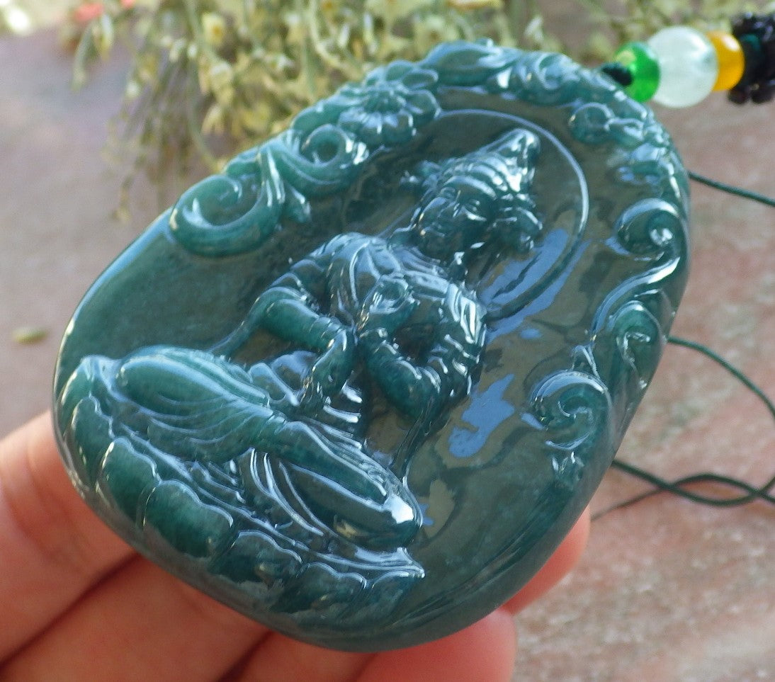 Certified Icy Green Burma 100% Natural A Jade jadeite Pendant Guanyin Kwan Yin Lotus Flower Sword Dragon Necklace 观音 644403  TN