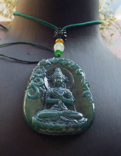 Certified Icy Green Burma 100% Natural A Jade jadeite Pendant Guanyin Kwan Yin Lotus Flower Sword Dragon Necklace 观音 644403  TN