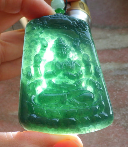 Certified Icy Green Burma 100% Natural A Jade jadeite pendant 1000 Hand Guanyin Kwan Yin Lotus Flower Necklace 观音 644412  TN