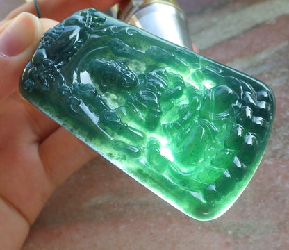 Certified Icy Green Burma 100% Natural A Jade jadeite pendant 1000 Hand Guanyin Kwan Yin Lotus Flower Necklace 观音 644412  TN