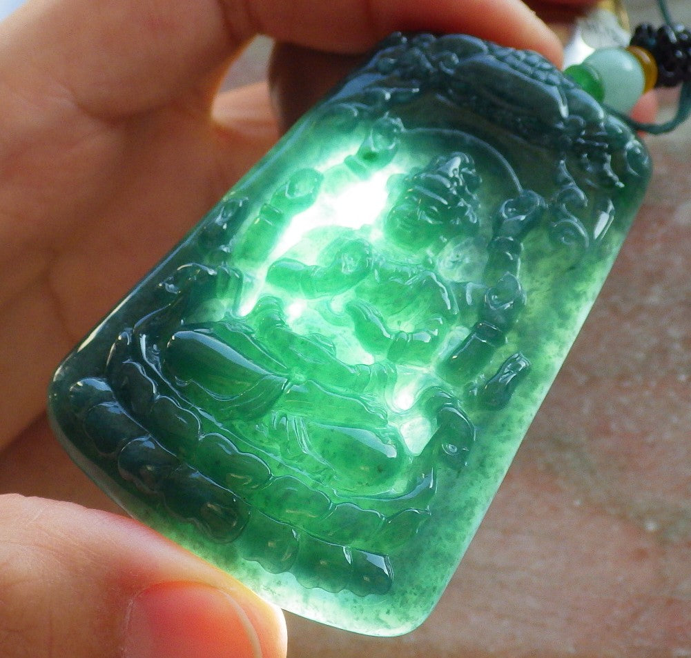 Certified Icy Green Burma 100% Natural A Jade jadeite pendant 1000 Hand Guanyin Kwan Yin Lotus Flower Necklace 观音 644412  TN