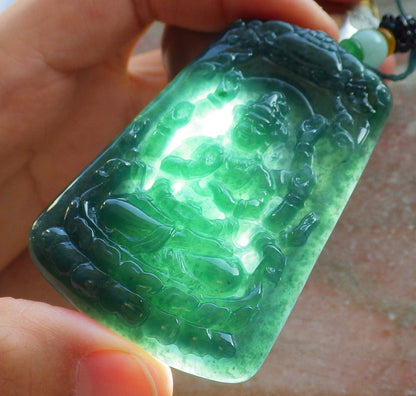 Certified Icy Green Burma 100% Natural A Jade jadeite pendant 1000 Hand Guanyin Kwan Yin Lotus Flower Necklace 观音 644412  TN