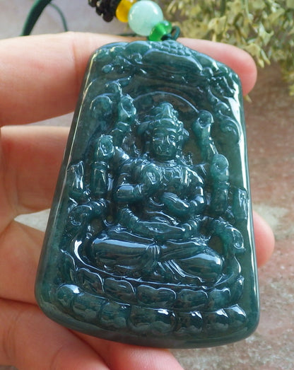 Certified Icy Green Burma 100% Natural A Jade jadeite pendant 1000 Hand Guanyin Kwan Yin Lotus Flower Necklace 观音 644412  TN