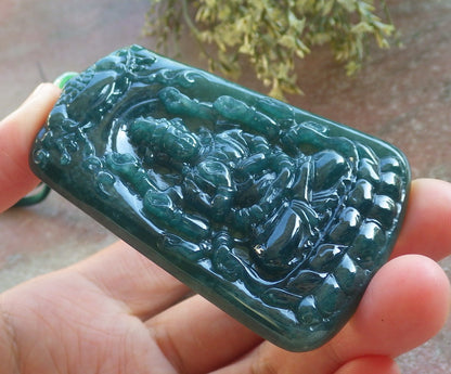 Certified Icy Green Burma 100% Natural A Jade jadeite pendant 1000 Hand Guanyin Kwan Yin Lotus Flower Necklace 观音 644412  TN