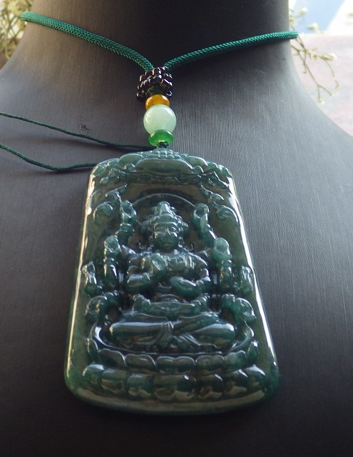 Certified Icy Green Burma 100% Natural A Jade jadeite pendant 1000 Hand Guanyin Kwan Yin Lotus Flower Necklace 观音 644412  TN