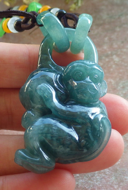 Certified Icy Green Burma 100% Natural A Jade jadeite Pendant Monkey Peach Circle W Ring 猴子 644420  TN