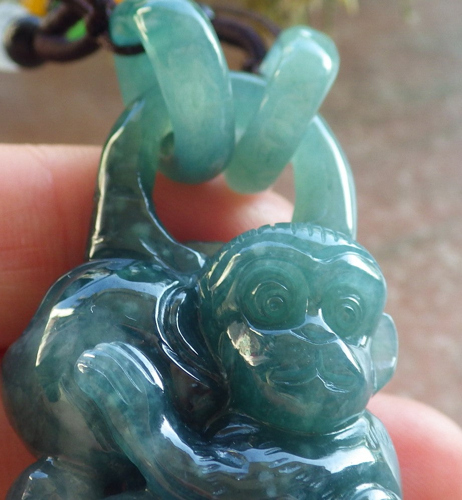 Certified Icy Green Burma 100% Natural A Jade jadeite Pendant Monkey Peach Circle W Ring 猴子 644420  TN