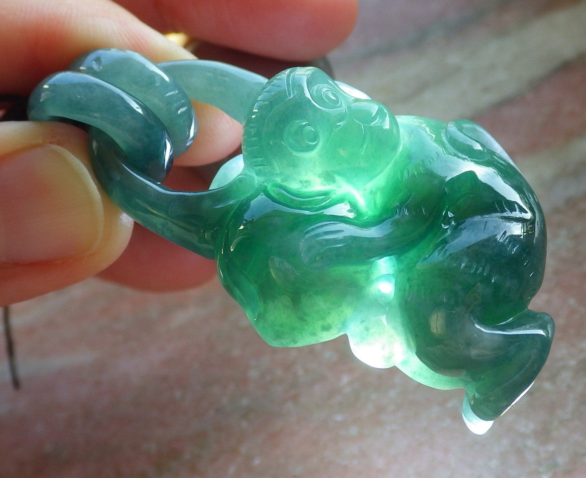Certified Icy Green Burma 100% Natural A Jade jadeite Pendant Monkey Peach Circle W Ring 猴子 644420  TN