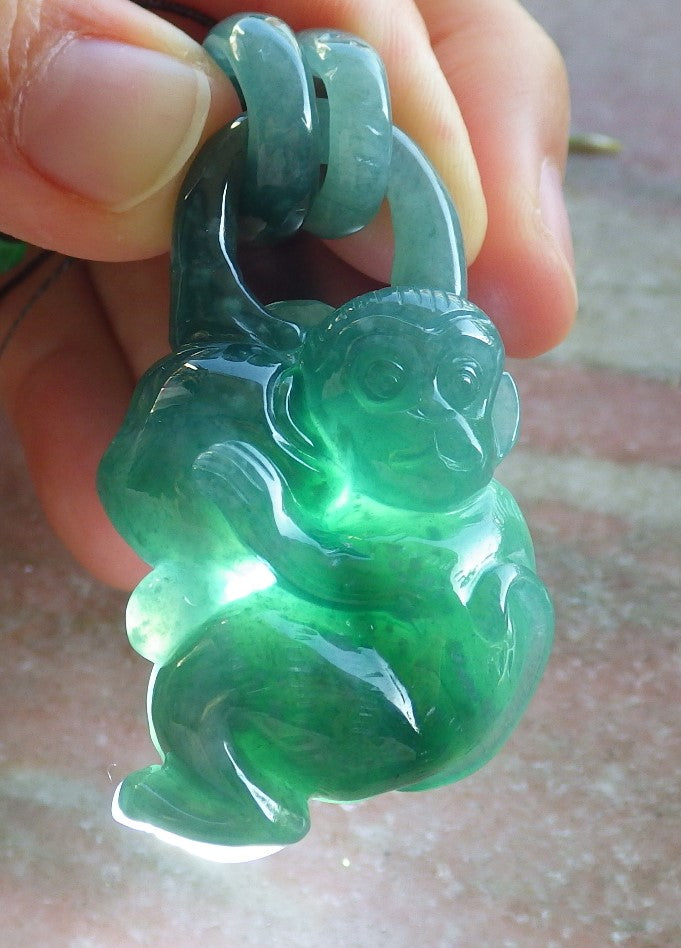Certified Icy Green Burma 100% Natural A Jade jadeite Pendant Monkey Peach Circle W Ring 猴子 644420  TN