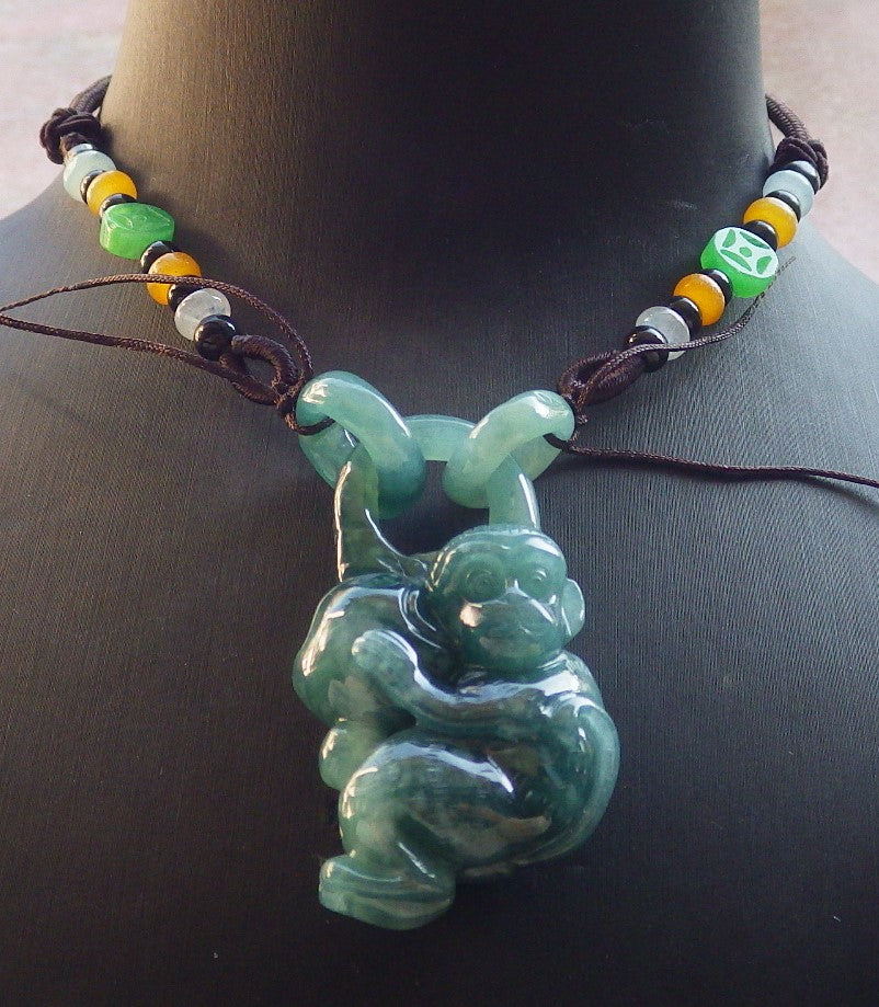Certified Icy Green Burma 100% Natural A Jade jadeite Pendant Monkey Peach Circle W Ring 猴子 644420  TN