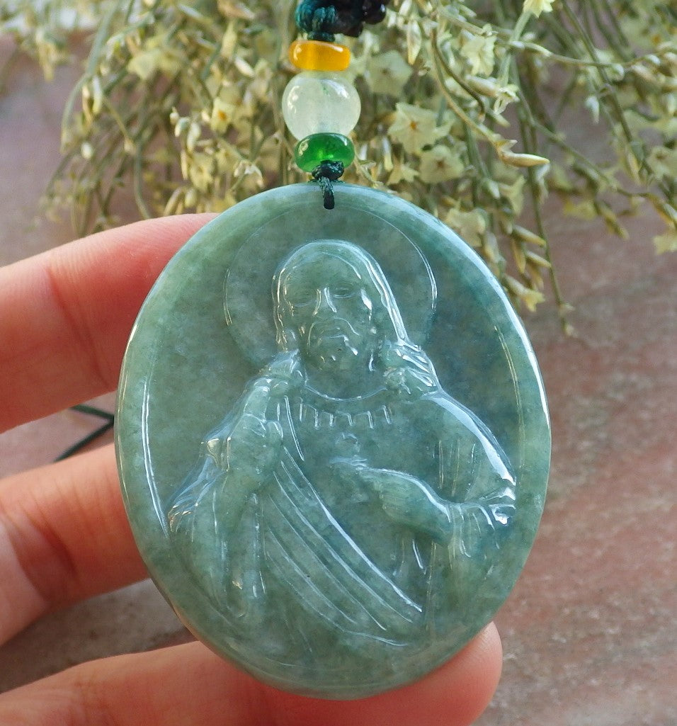 Certified Green Burma 100% Natural A Jade jadeite Pendant Jesus Cross Necklace 耶稣 644447  TN