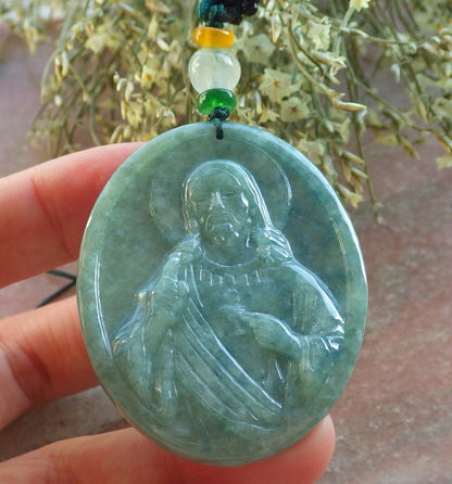Certified Green Burma 100% Natural A Jade jadeite Pendant Jesus Cross Necklace 耶稣 644447  TN