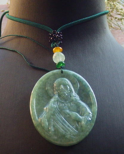 Certified Green Burma 100% Natural A Jade jadeite Pendant Jesus Cross Necklace 耶稣 644447  TN