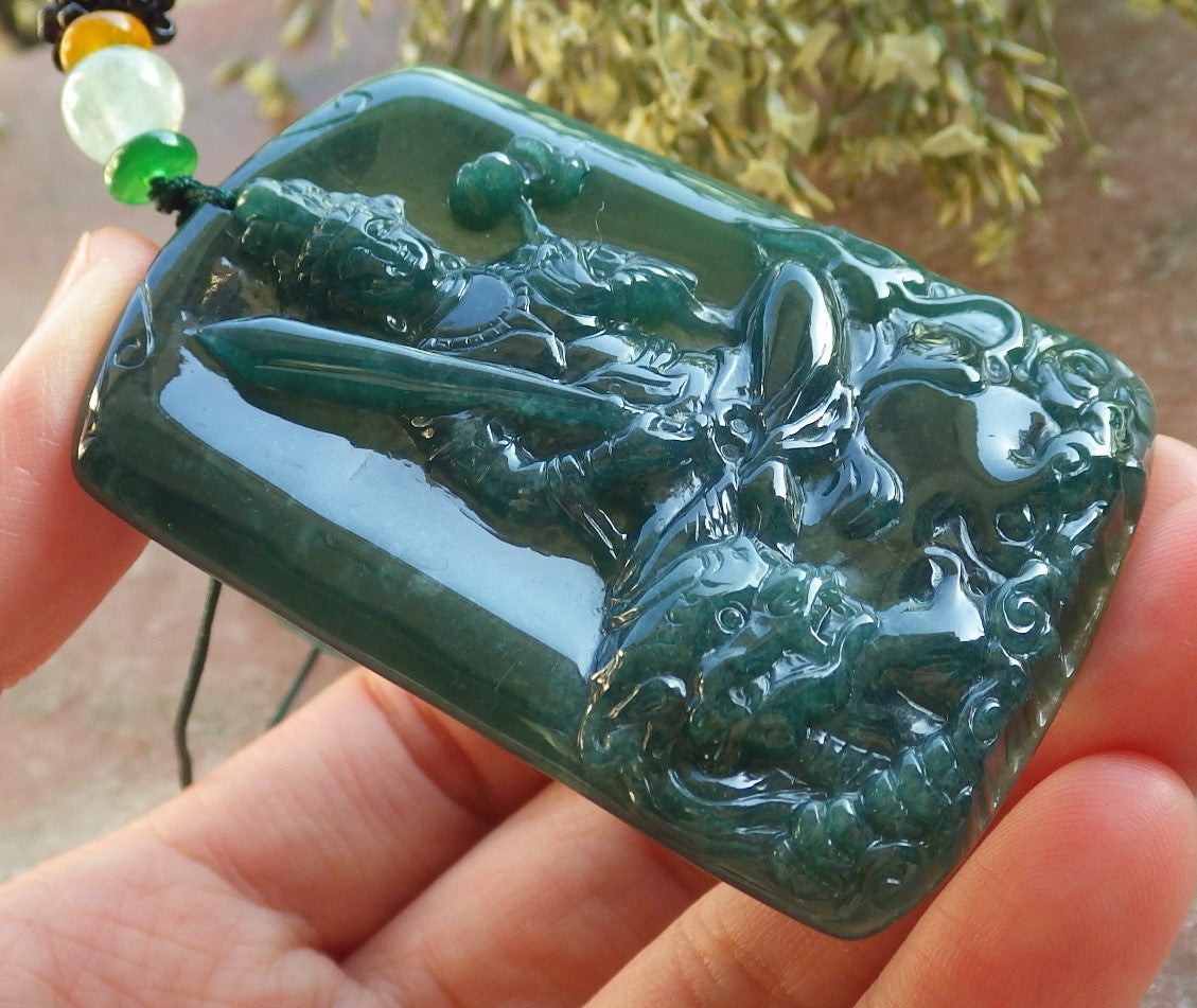Certified Icy Green Burma 100% Natural A Jade jadeite Pendant Guanyin Kwan Yin Lotus Flower Sword Dragon Necklace 观音 644455  TN