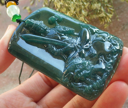 Certified Icy Green Burma 100% Natural A Jade jadeite Pendant Guanyin Kwan Yin Lotus Flower Sword Dragon Necklace 观音 644455  TN
