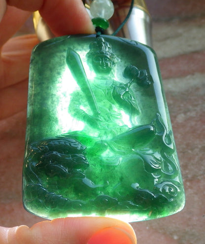 Certified Icy Green Burma 100% Natural A Jade jadeite Pendant Guanyin Kwan Yin Lotus Flower Sword Dragon Necklace 观音 644455  TN