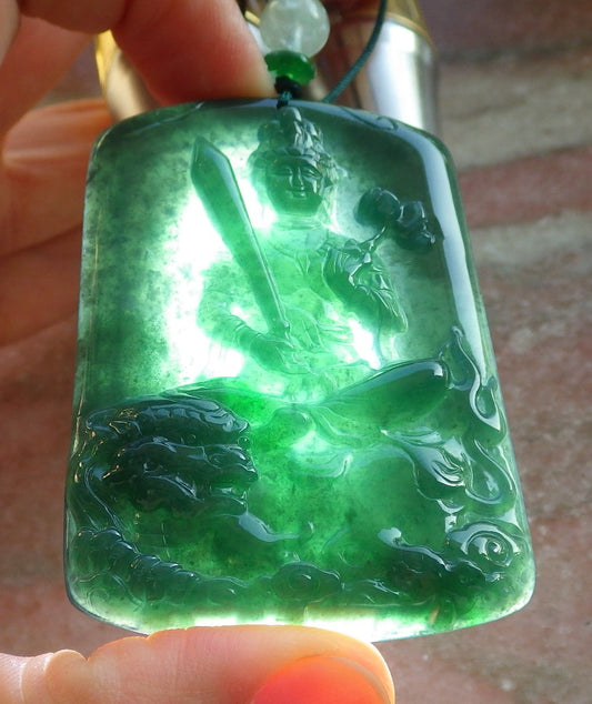 Certified Icy Green Burma 100% Natural A Jade jadeite Pendant Guanyin Kwan Yin Lotus Flower Sword Dragon Necklace 观音 644455  TN